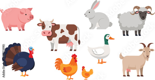 Cute Farm Animal Vector Set Featuring Pig Cow Rabbit Ram Turkey Hen Rooster Duck and Goat Illustrations for Children's Educational and Rural Agriculture Designs