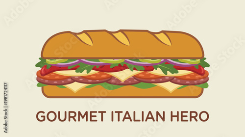 This image showcases a vibrant and appetizing illustration of a gourmet Italian hero sandwich filled with fresh ingredients, perfect for culinary marketing.