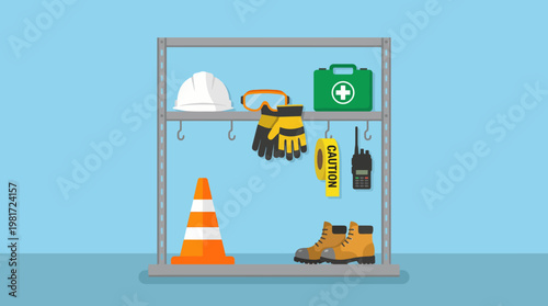 An organized display of essential safety equipment, including hard hats, gloves, and caution signs, emphasizing the importance of workplace safety and preparedness.