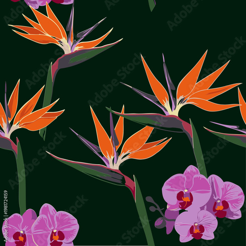 Tropical flower pattern with vibrant birds of paradise and orchids in a lush, dark green foliage background. Detailed illustration with bold colors and intricate botanical details.