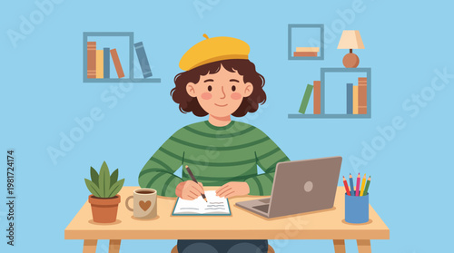 A cheerful girl sits at a cozy desk, writing in a notebook with a warm mug beside her, illustrating the joy of creativity and the comfort of a productive workspace.