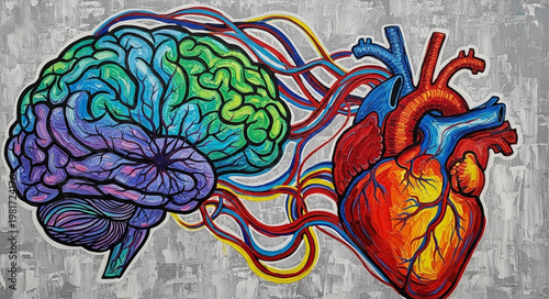 Brain and Heart Connected by Colorful Lines Symbolizing Connection.
