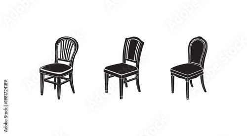 Three different styles of chairs with black seats and backs  furniture design elements  various chair types  home decor  interior design