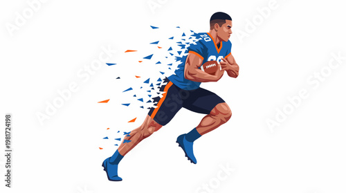 A dynamic illustration of a football player in motion with elements breaking apart, symbolizing speed, energy, and the excitement of sports and athleticism.