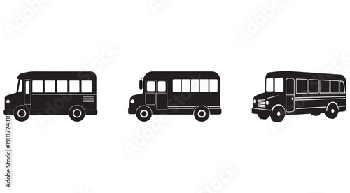 Three different types of buses in black silhouette on white background for transportation illustration  school bus  public bus  city bus