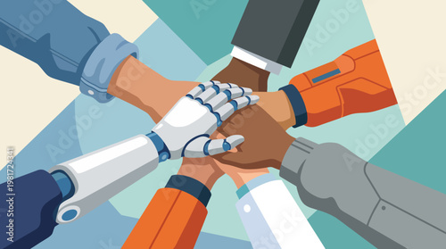 This illustration depicts diverse human hands united with a robotic hand, symbolizing teamwork, innovation, and the harmony of technology and humanity.