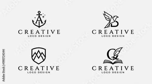 Canvastavla Four distinct logo designs showcasing different styles including an anchor, a bird, a mountain shield, and an open book, representing creativity in branding