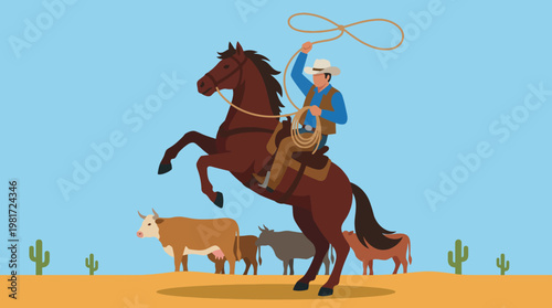 A skilled cowboy rides a rearing horse while holding a lasso against a bright blue sky, embodying the adventurous spirit of the Wild West with cattle grazing nearby.