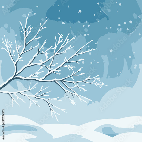 Winter landscape with snow-covered branches and softly textured hills. Snowy scene with a delicate tree branch in a tranquil, peaceful setting.