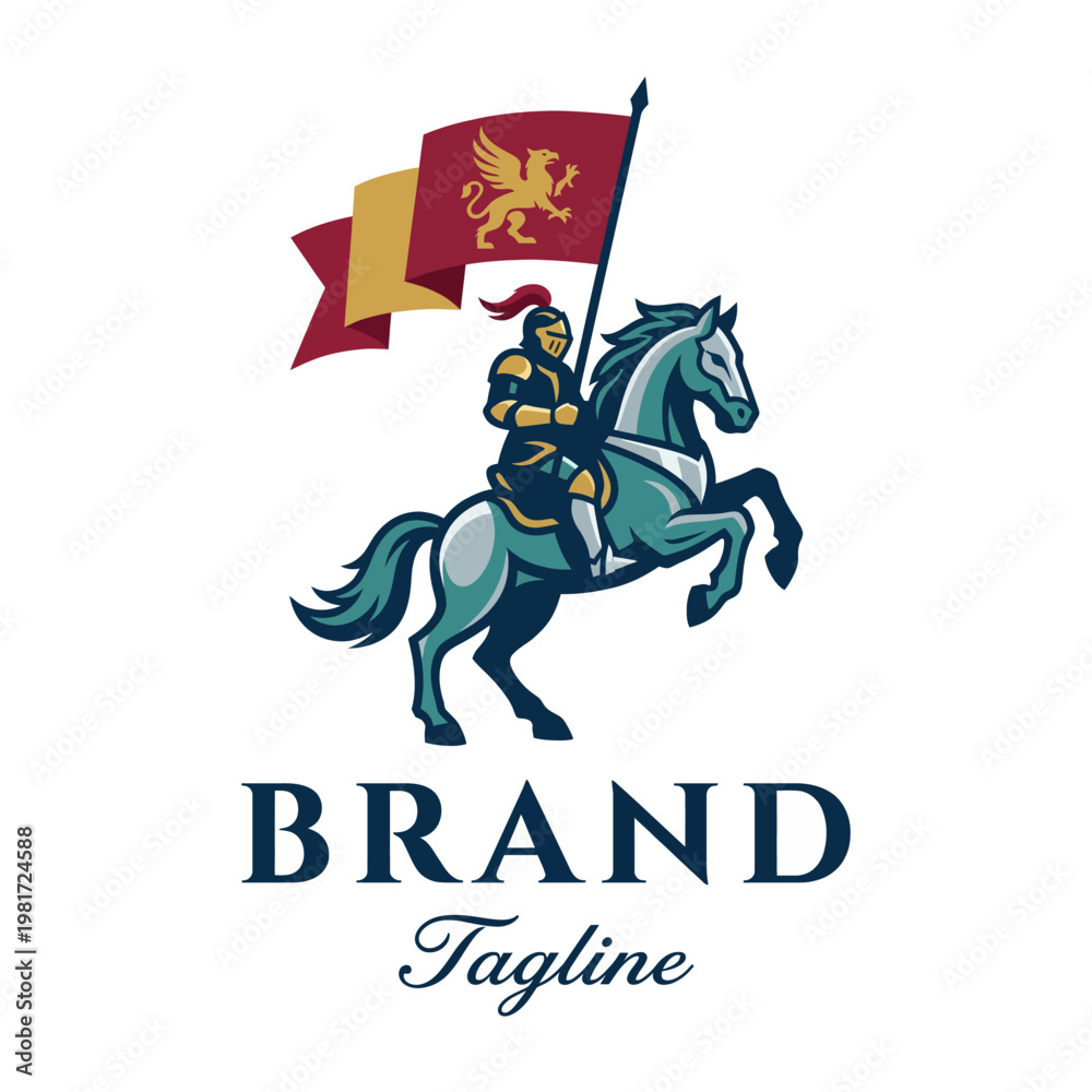 Fototapeta premium A striking logo featuring a knight on a horse, wielding a flag, symbolizing strength, courage, and tradition, perfect for a brand seeking to convey heritage and valor.