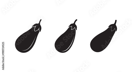 Three eggplant silhouettes in a row on white background for food illustration  vegetarian and vegan symbol