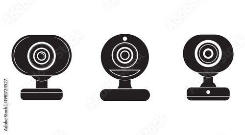Three different web camera icons in black and white on a plain white background for graphic design and technology concepts  modern webcams