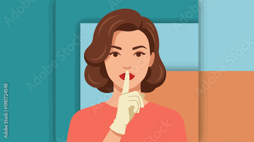 An elegant illustration of a woman indicating silence with her finger to her lips, conveying a sense of intrigue and mystery in a contemporary art style.