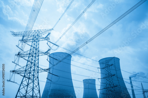 Wallpaper Mural Steel Transmission Tower and Cooling Towers of Power Plant Under Blue Sky Torontodigital.ca