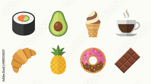 A delightful flat lay of various food items including sushi, avocado, ice cream, and more, perfect for culinary enthusiasts and food lovers alike.