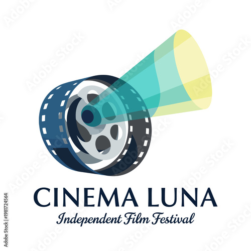 A dynamic logo for 'Cinema Luna', an independent film festival, incorporating film reels and a spotlight, representing creativity, cinema art, and cultural appreciation.