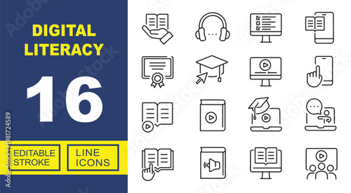 Exclusive Digital Literacy line icon collection. Containing hand, headphones, monitor, smartphone, certificate, mortarboard, video, touch, audiobook, webinar. Editable stroke.