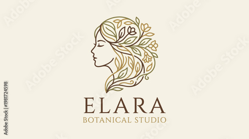 A sophisticated logo design featuring a profile silhouette of a woman adorned with botanical elements, representing a blend of femininity and nature in artwork.