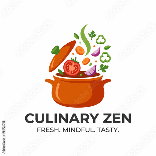 This vibrant illustration depicts a pot overflowing with fresh vegetables and herbs, symbolizing the essence of mindful cooking and the joy of culinary creativity in a colorful design.