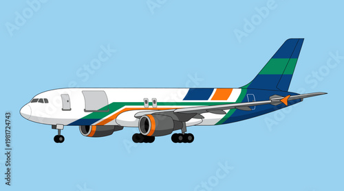 A detailed illustration of a modern passenger aircraft with vibrant colors, showcasing the sleek design and engineered features for air travel in contemporary aviation.