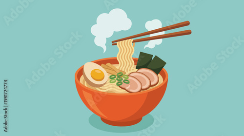 A visually appealing illustration of a bowl of ramen featuring traditional ingredients, symbolizing culinary art and cultural appreciation in Japanese cuisine.