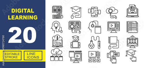 Exclusive Digital Learning line icon collection. Containing Computer, Graduation, Smartphone, Cloud, Email, Brainstorm, Book, Audiobook, Video, Report, Laptop, Tablet, Chemistry. Editable stroke.