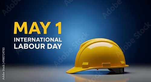 May 1 international labour day concept with a yellow hard hat on a blue background
