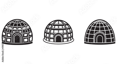 Three igloo dome houses with different designs and patterns on their surfaces  isolated on white background