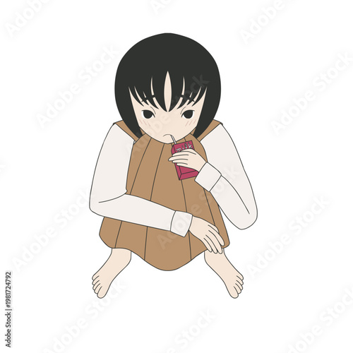 体育座りで牛乳を飲みながら、一人で物思いにふける孤独な女子高校生