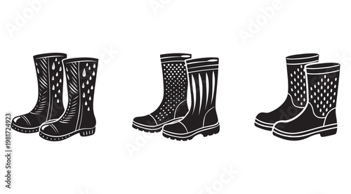 Three pairs of black rain boots with different designs and patterns on a white background  rubber boots with drops and stripes