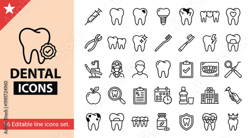 Comprehensive dental icon set illustrating tools procedures and oral hygiene for healthcare professionals and education