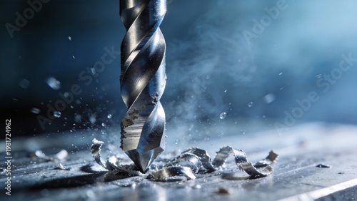 Drill bit cutting metal with shavings