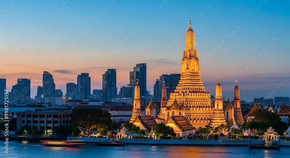 Naklejka premium Illuminated ornate temple with skyscrapers backdrop at dusk, beside a river