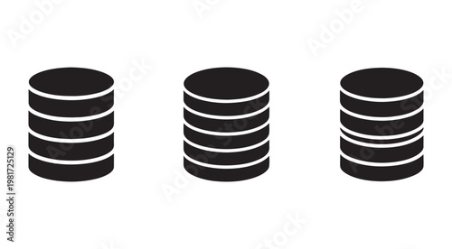 Three stacks of round flat objects with white lines on black background  isolated on white background