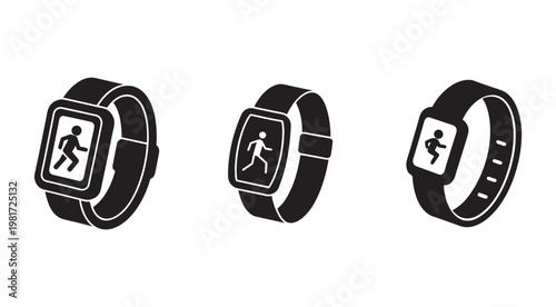 Three smartwatches with running man icons on screens in different angles and positions  isolated on white background