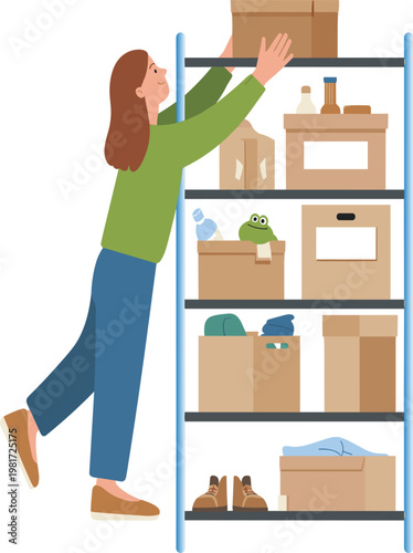 Woman organizing cardboard boxes on storage rack, home decluttering and warehouse management concept vector illustration