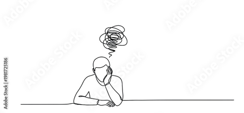 Continuous one line drawing of stressed man with headache and depression, minimalist single line art concept illustration