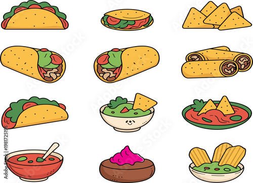 Mexican food vector set, delicious tacos, burritos, nachos with guacamole and salsa for restaurant menu