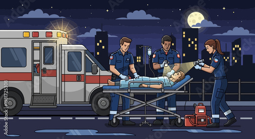Emergency Medical Team Tending to Patient on Stretcher Outside Ambulance at Night
