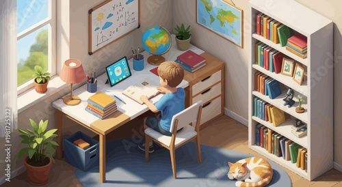 Boy studying at desk in bright room with books, globe, and cat