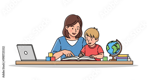 Mother teaching son to read at desk with laptop, globe, and books