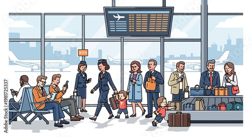 Diverse travelers at airport gate, waiting for flight, baggage claim scene, modern terminal interior