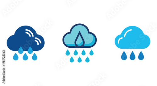 Weather icons of rainy clouds with rain drops in different shades of blue  weather forecast symbols