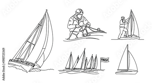 Line drawing depicting sailboats windsurfer and kitesurfer on water