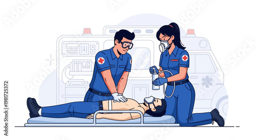 Paramedics perform CPR and defibrillation on patient, ambulance in background - vector illustration