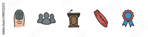 Election and Advocacy Icons: Fingerprint, Group, Podium, Muscle, Ribbon