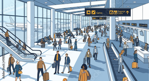 Busy airport terminal with travelers, escalators, and gate signs