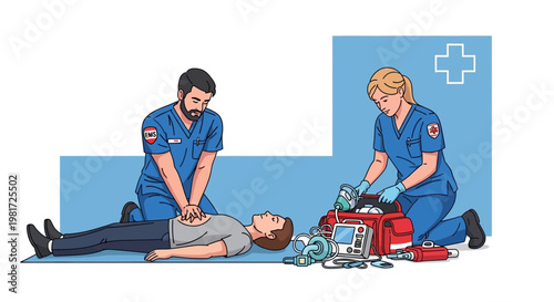 Medical Team Performing CPR on Patient with Defibrillator and Emergency Kit