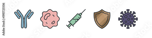 Colorful Medical and Immunology Icons Set - Antibody, Cell, Syringe, Shield, Virus