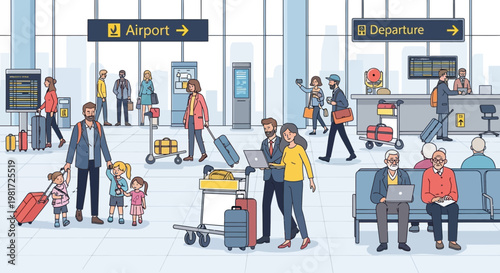 Busy airport terminal with travelers, luggage, and departure signs